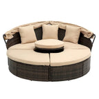 Lettino rotondo in rattan con baldacchino stile Bali per esterni, Divano letto da esterno in vimini con tavolino da caffè a scomparsa