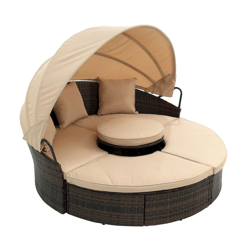 Lettino rotondo in rattan con baldacchino stile Bali per esterni, Divano letto da esterno in vimini con tavolino da caffè a scomparsa