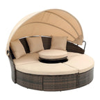 Lettino rotondo in rattan con baldacchino stile Bali per esterni, Divano letto da esterno in vimini con tavolino da caffè a scomparsa