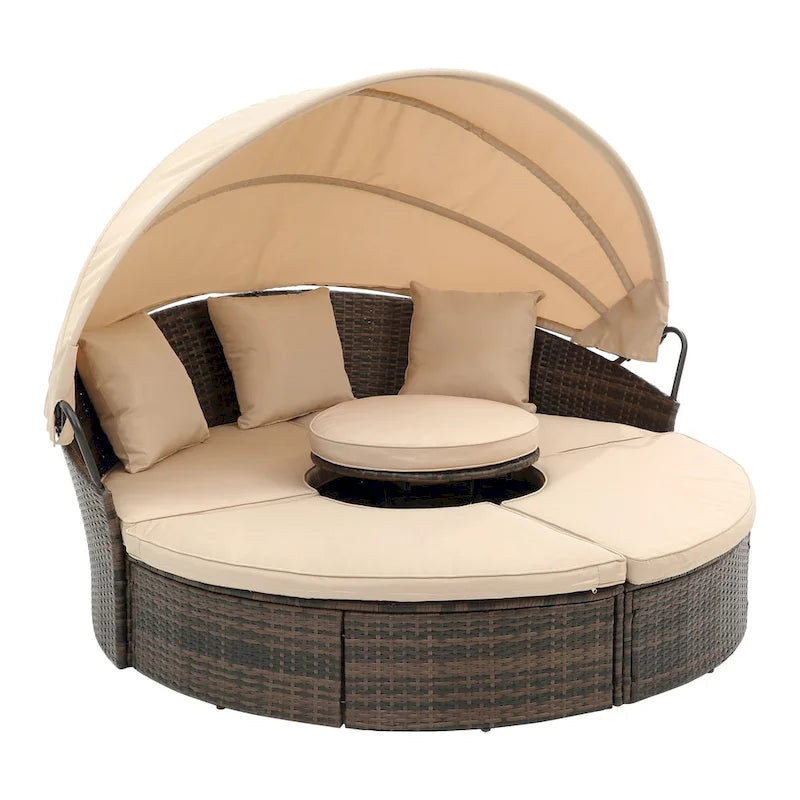 Lettino rotondo in rattan con baldacchino stile Bali per esterni, Divano letto da esterno in vimini con tavolino da caffè a scomparsa