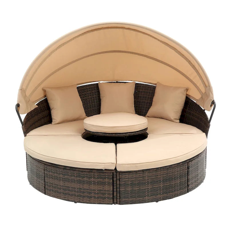 Lettino rotondo in rattan con baldacchino stile Bali per esterni, Divano letto da esterno in vimini con tavolino da caffè a scomparsa