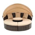 Lettino rotondo in rattan con baldacchino stile Bali per esterni, Divano letto da esterno in vimini con tavolino da caffè a scomparsa