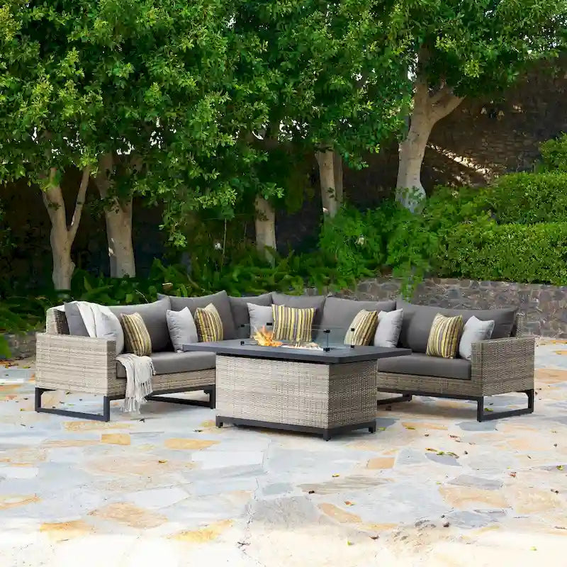Milo Gray 6 Piece Sunbrella Outdoor Patio Fire Sectional with Table