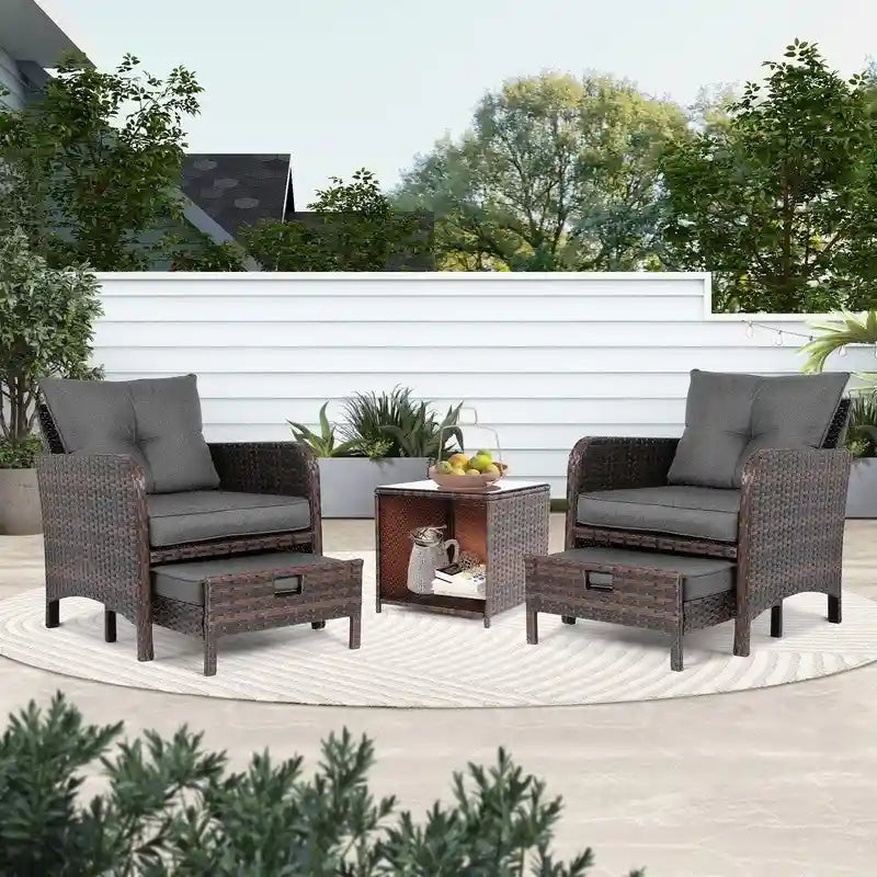 Patio Watcher Salon de jardin 5 pièces avec coussins en osier marron et ottoman