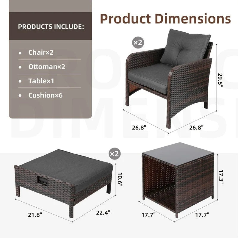 Patio Watcher Salon de jardin 5 pièces avec coussins en osier marron et ottoman
