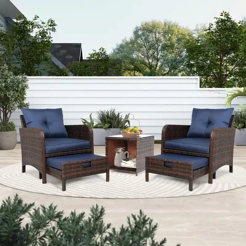 Patio Watcher Salon de jardin 5 pièces avec coussins en osier marron et ottoman