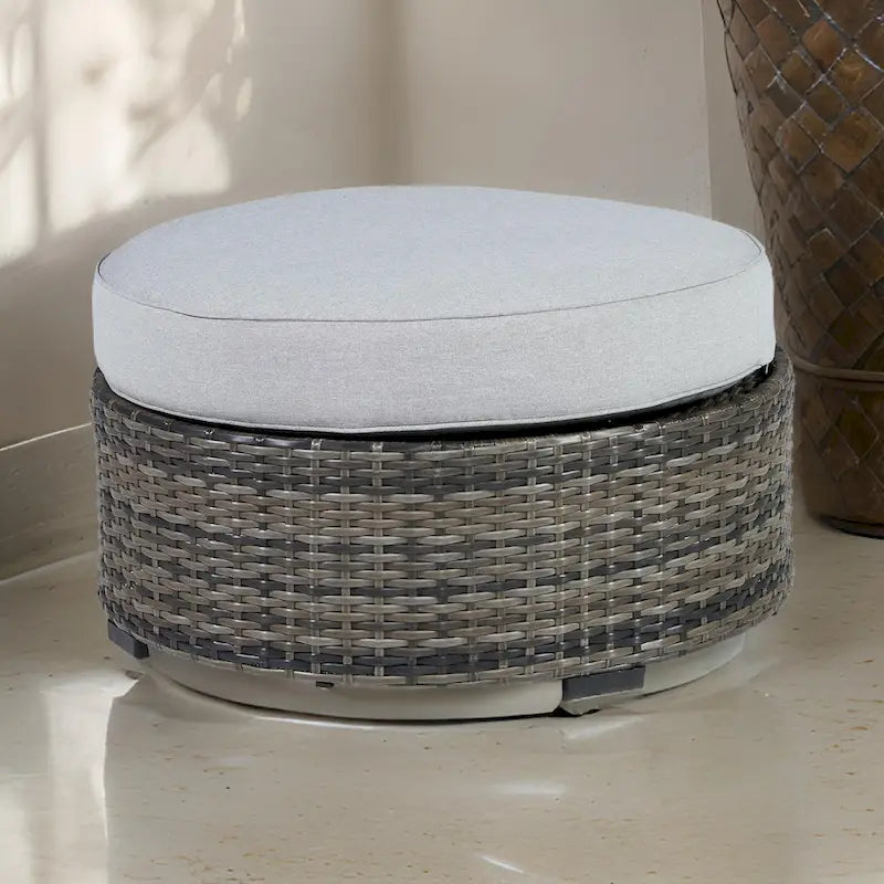 Saki 32 Inch Outdoor Ottoman, Round Cushion, Wicker, Light Gray Fabric