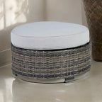 Saki 32 Inch Outdoor Ottoman, Round Cushion, Wicker, Light Gray Fabric