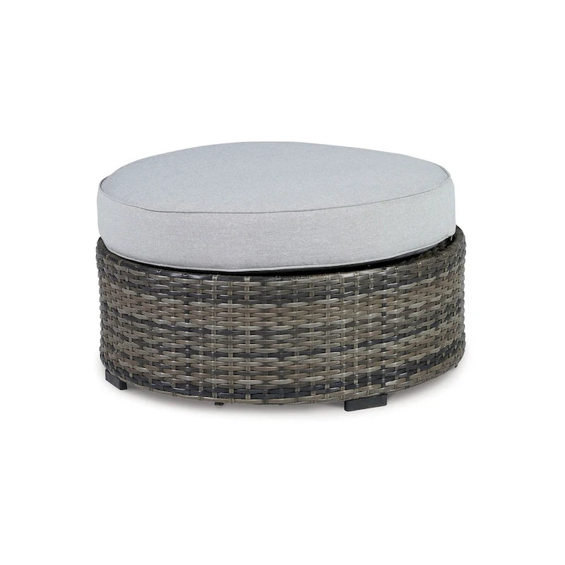 Saki Pouf d'extérieur 32 pouces, coussin rond, osier, tissu gris clair