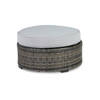 Saki Pouf d'extérieur 32 pouces, coussin rond, osier, tissu gris clair