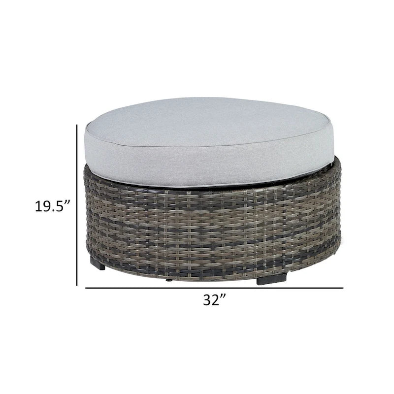 Saki Pouf d'extérieur 32 pouces, coussin rond, osier, tissu gris clair