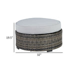 Saki Pouf d'extérieur 32 pouces, coussin rond, osier, tissu gris clair