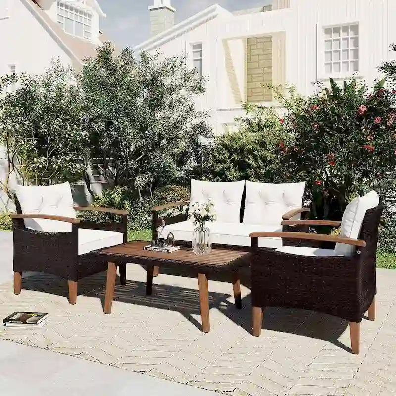 Set Conversazione da Esterno 4 Pezzi per Patio, Divano Doppio con 2 Poltrone Singole e Tavolino da Caffè