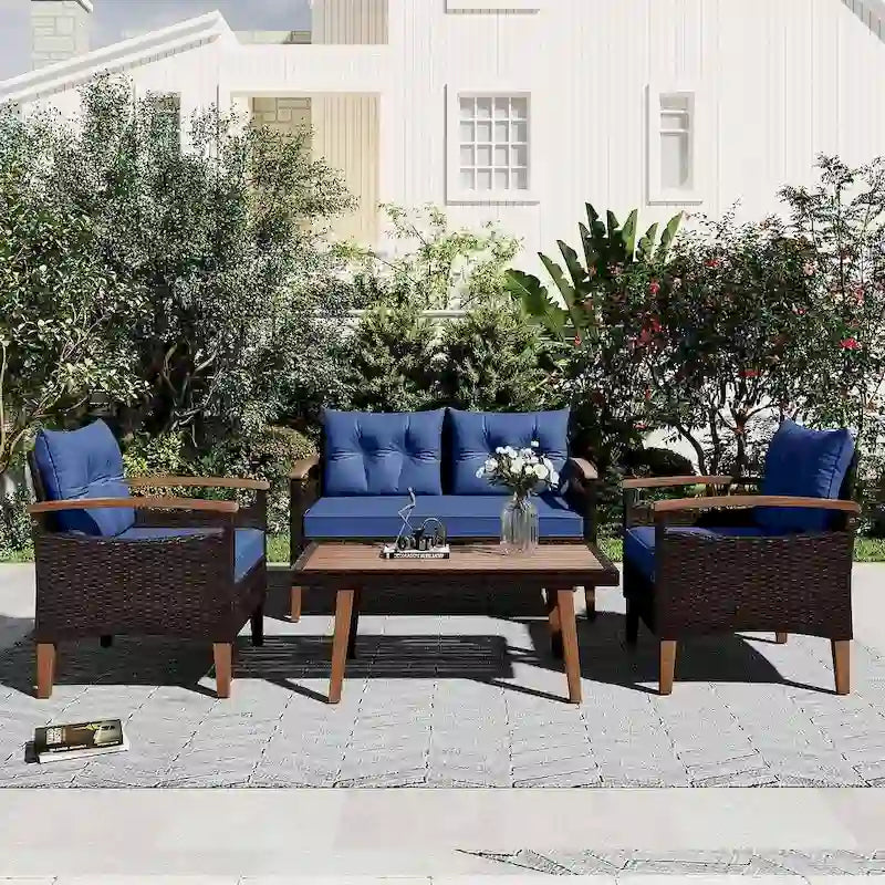 Set Conversazione da Esterno 4 Pezzi per Patio, Divano Doppio con 2 Poltrone Singole e Tavolino da Caffè