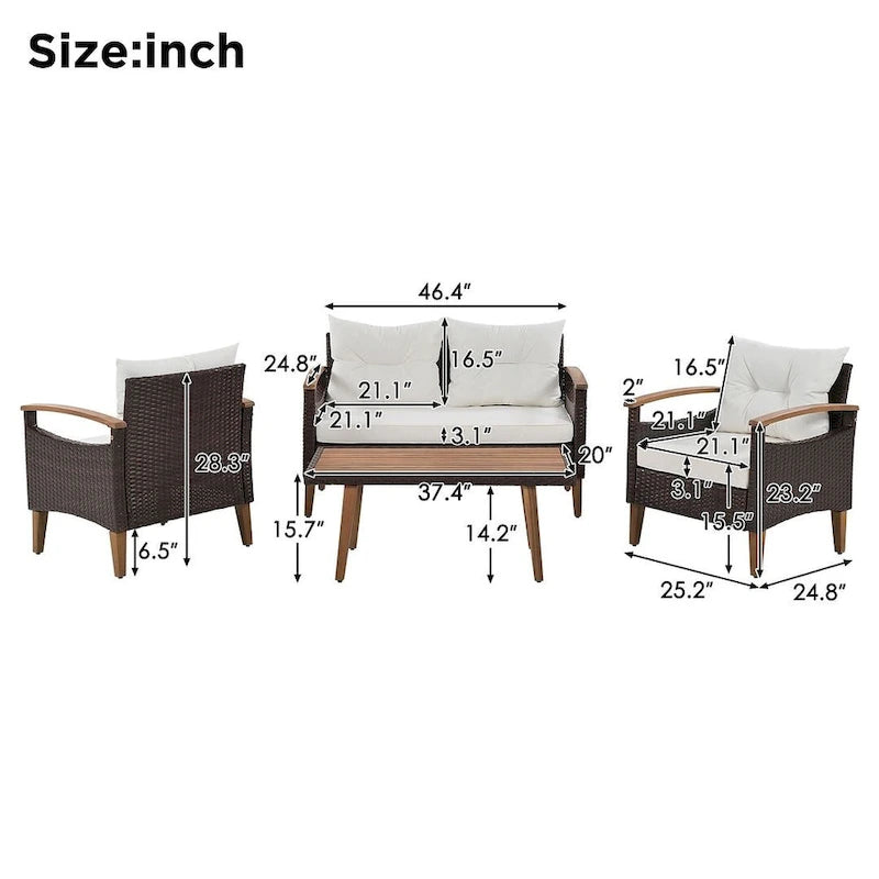 Set Conversazione da Esterno 4 Pezzi per Patio, Divano Doppio con 2 Poltrone Singole e Tavolino da Caffè