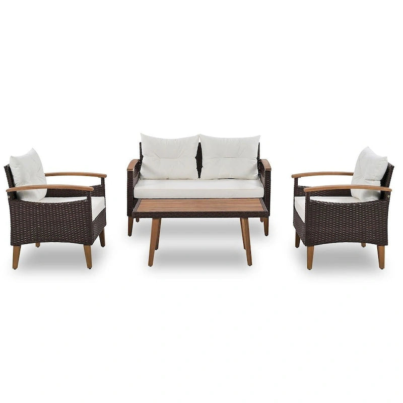 Set Conversazione da Esterno 4 Pezzi per Patio, Divano Doppio con 2 Poltrone Singole e Tavolino da Caffè