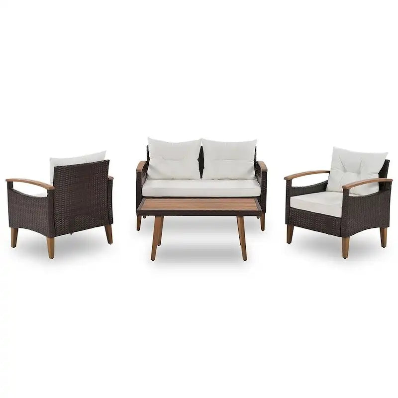 Set Conversazione da Esterno 4 Pezzi per Patio, Divano Doppio con 2 Poltrone Singole e Tavolino da Caffè