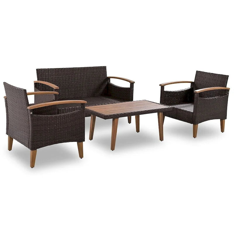 Set Conversazione da Esterno 4 Pezzi per Patio, Divano Doppio con 2 Poltrone Singole e Tavolino da Caffè
