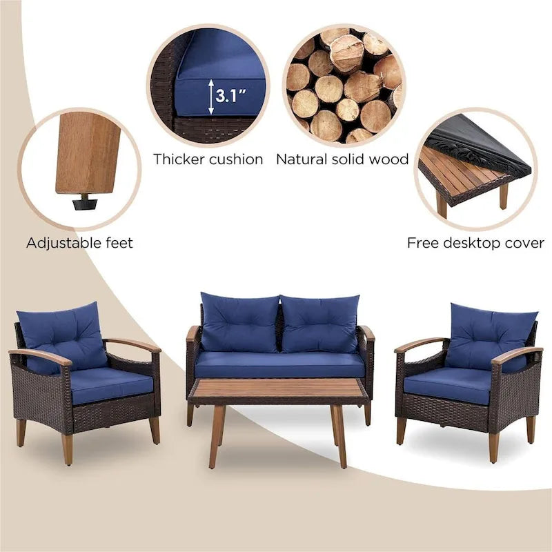 Set Conversazione da Esterno 4 Pezzi per Patio, Divano Doppio con 2 Poltrone Singole e Tavolino da Caffè