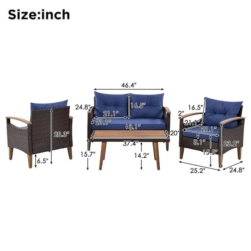 Set Conversazione da Esterno 4 Pezzi per Patio, Divano Doppio con 2 Poltrone Singole e Tavolino da Caffè
