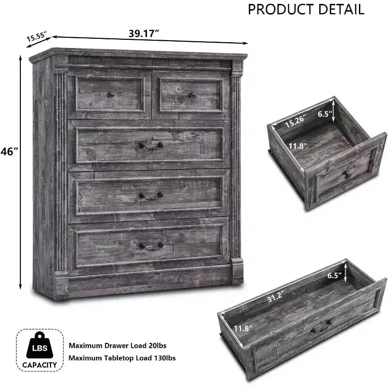Comò a 5 cassetti per camera da letto, cassettiere alte 117 cm in stile rustico con colonna romana