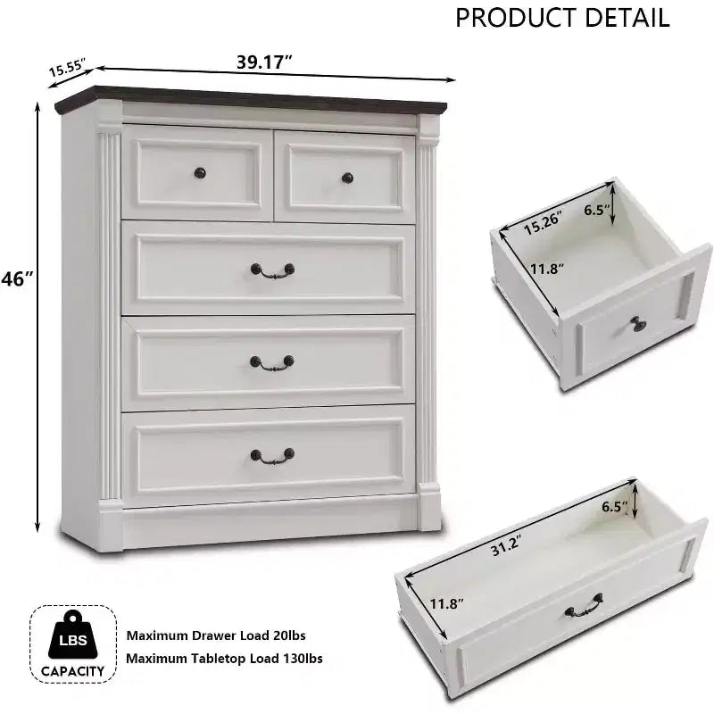 Comò a 5 cassetti per camera da letto, cassettiere alte 117 cm in stile rustico con colonna romana