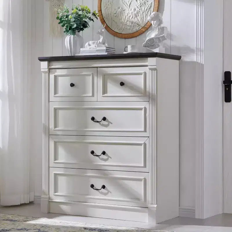 Comò a 5 cassetti per camera da letto, cassettiere alte 117 cm in stile rustico con colonna romana
