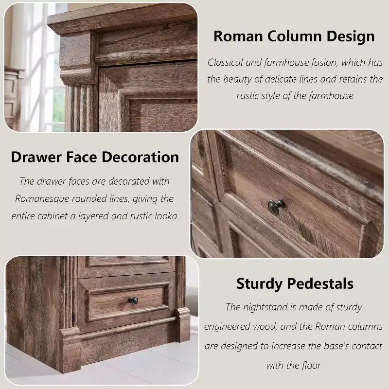Comò a 5 cassetti per camera da letto, cassettiere alte 117 cm in stile rustico con colonna romana