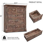 Comò a 5 cassetti per camera da letto, cassettiere alte 117 cm in stile rustico con colonna romana