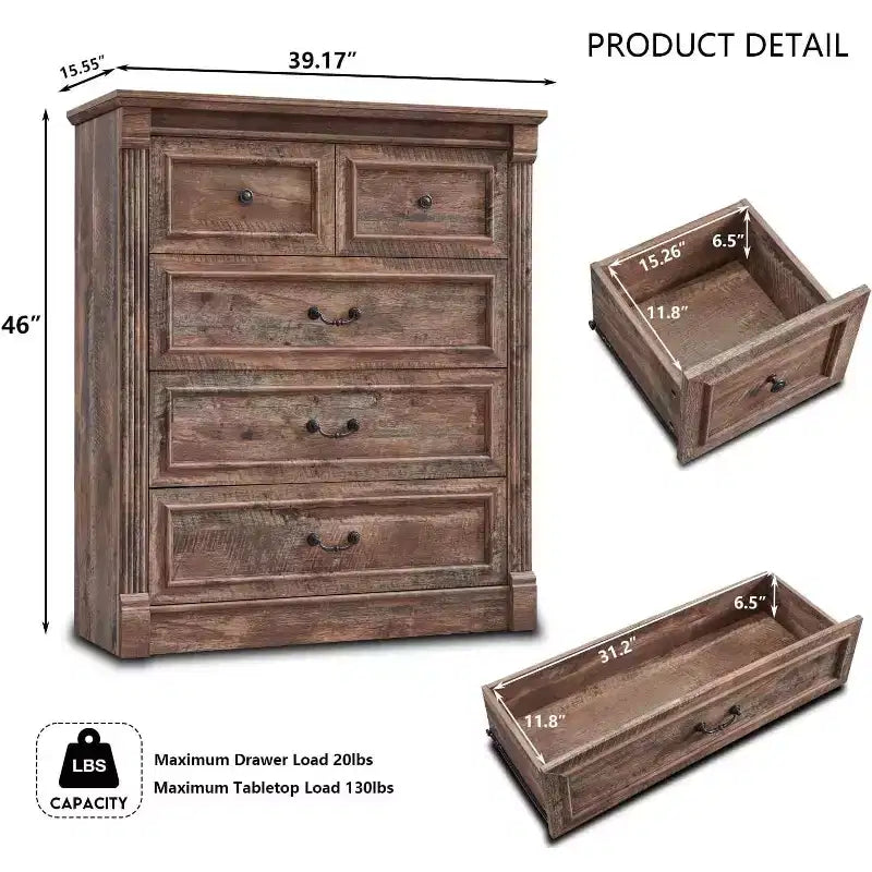 Comò a 5 cassetti per camera da letto, cassettiere alte 117 cm in stile rustico con colonna romana