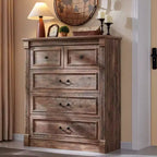Comò a 5 cassetti per camera da letto, cassettiere alte 117 cm in stile rustico con colonna romana