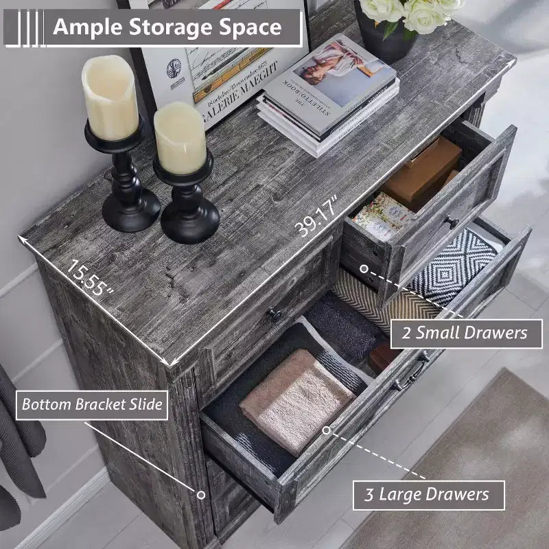 Comò a 5 cassetti per camera da letto, cassettiere alte 117 cm in stile rustico con colonna romana