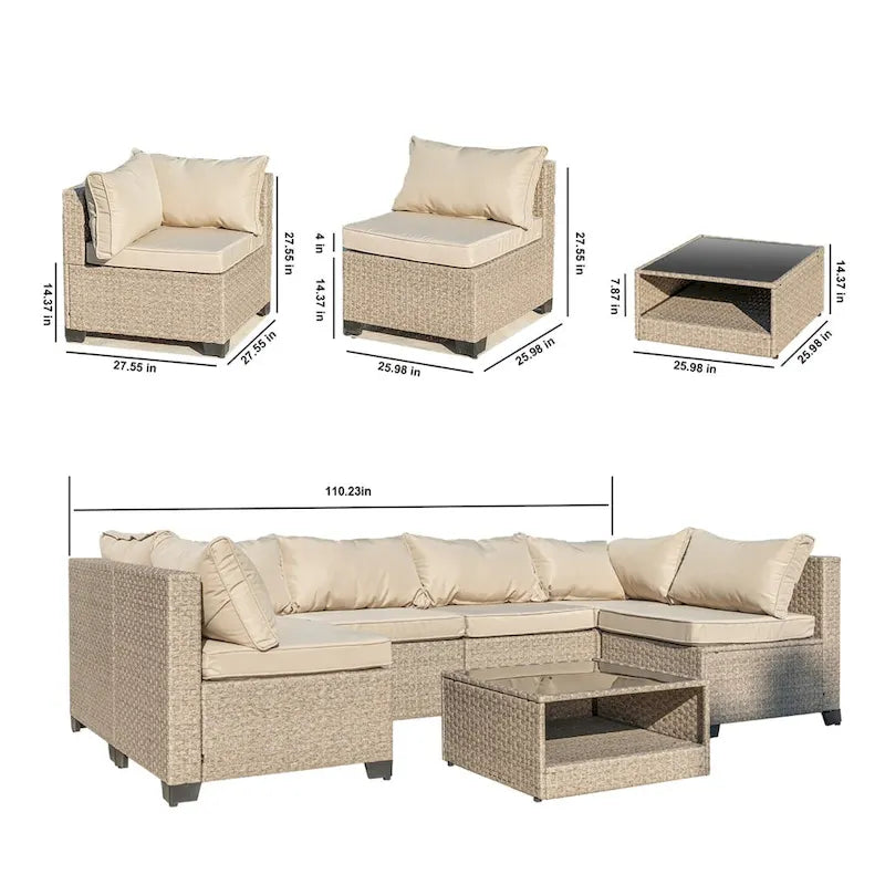 Set di mobili da esterno da 7 pezzi, divano componibile da conversazione Boho per esterni per tutte le stagioni con cuscini spessi grigi resistenti all'acqua