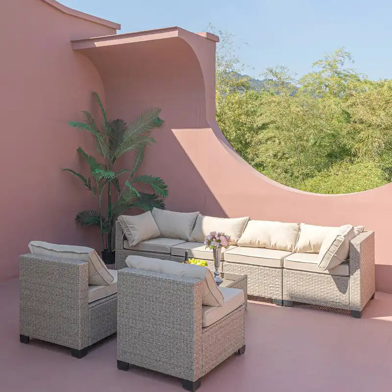 Set di mobili da esterno da 7 pezzi, divano componibile da conversazione Boho per esterni per tutte le stagioni con cuscini spessi grigi resistenti all'acqua