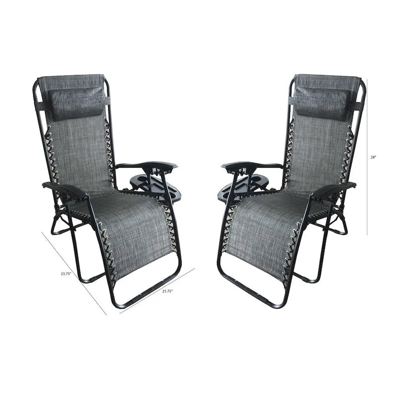 Fauteuil inclinable/chaise longue zéro gravité et porte-gobelet en tissu maille gris, paquet de 2.
