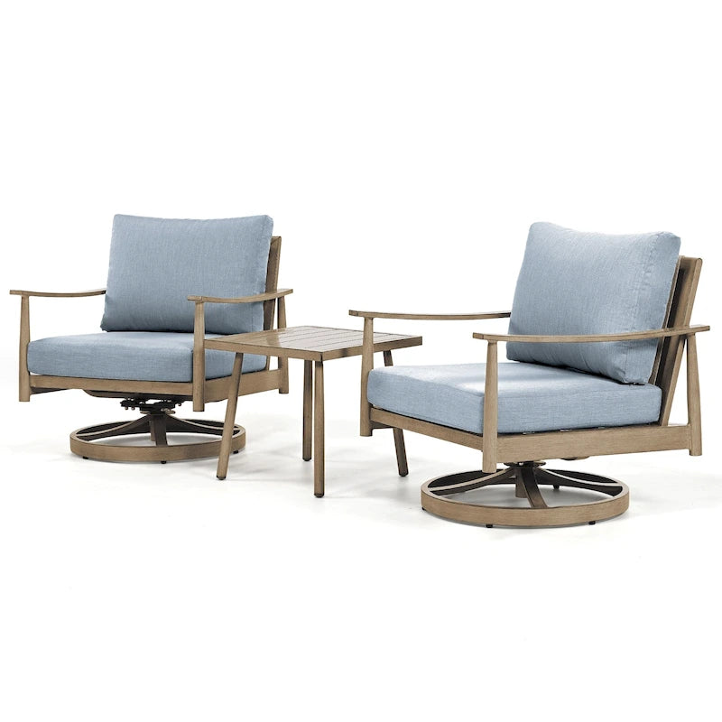 Ensemble de conversation 3 pièces en aluminium pour patio avec chaises pivotantes, dossier en sangle et coussins