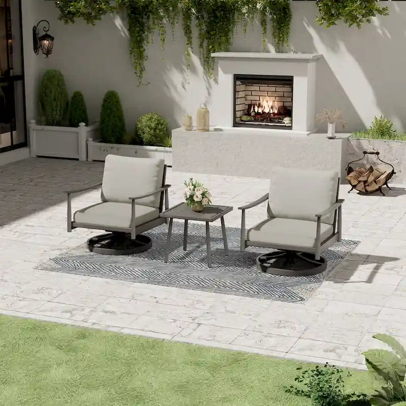 Set da conversazione per patio a 3 pezzi in alluminio con sedie girevoli, schienale in textilene e cuscini