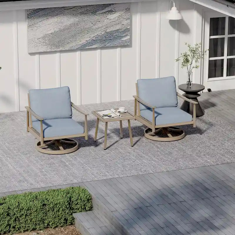 Set da conversazione per patio a 3 pezzi in alluminio con sedie girevoli, schienale in textilene e cuscini