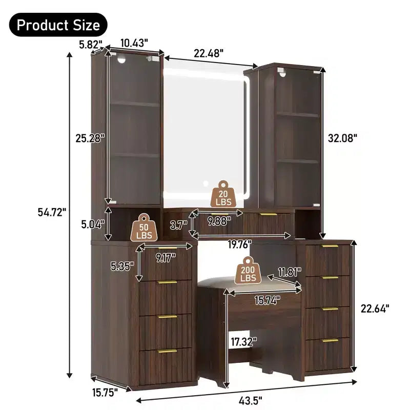 JVNOXK Set Toeletta Moderno da 43,5 Pollici con Specchio e Luce, con Cassetti e Mobiletto in Vetro Trasparente, Include Sgabello e Stazione di Ricarica, Marrone