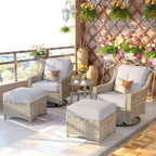 Set di sedie girevoli curve in vimini OVIOS a 5 pezzi con pouf da esterno