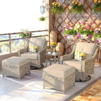 Set di sedie girevoli curve in vimini OVIOS a 5 pezzi con pouf da esterno