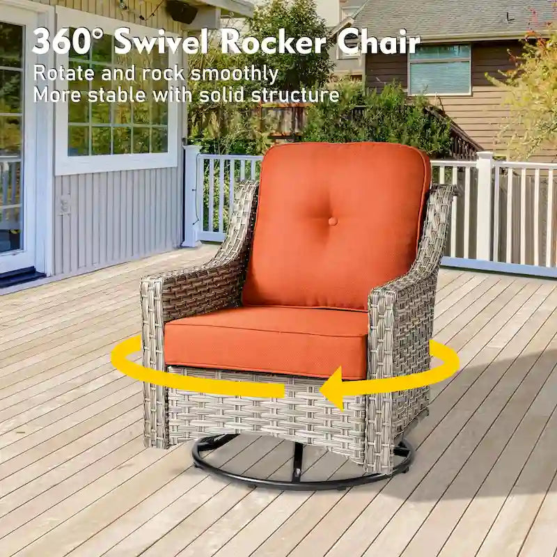 Set di sedie girevoli curve in vimini OVIOS a 5 pezzi con pouf da esterno