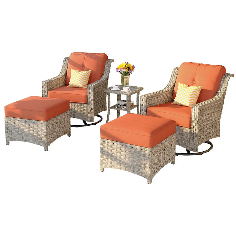 Set di sedie girevoli curve in vimini OVIOS a 5 pezzi con pouf da esterno