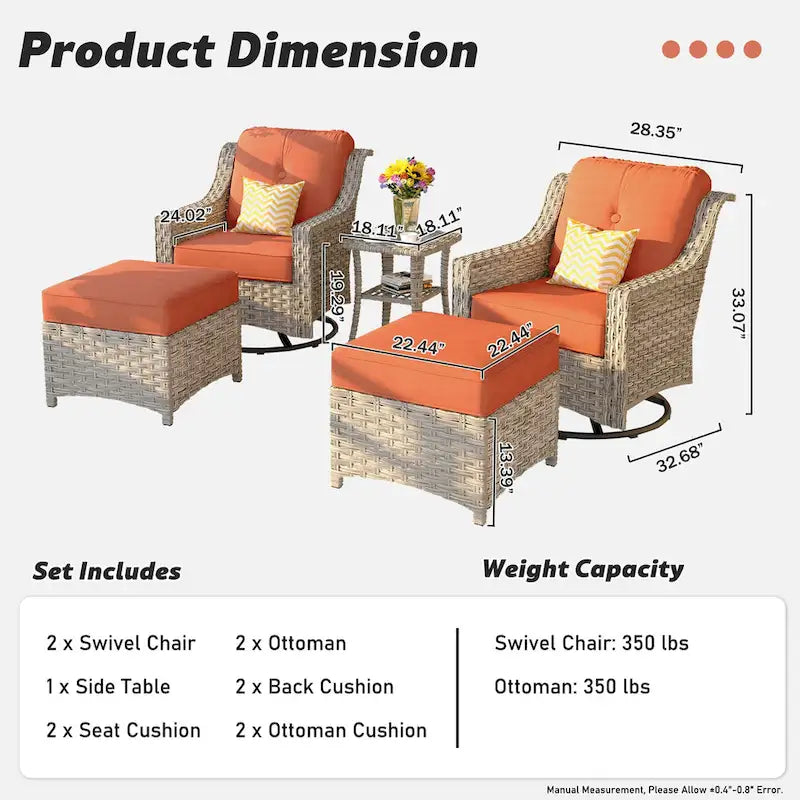Set di sedie girevoli curve in vimini OVIOS a 5 pezzi con pouf da esterno