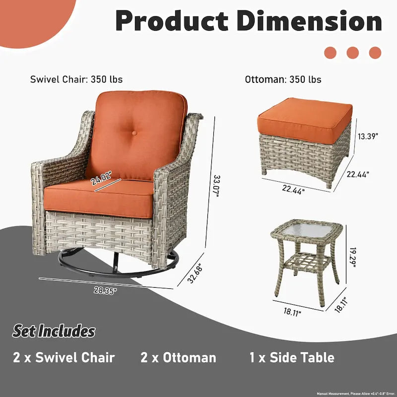 Set di sedie girevoli curve in vimini OVIOS a 5 pezzi con pouf da esterno