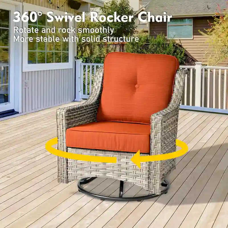 Set di sedie girevoli curve in vimini OVIOS a 5 pezzi con pouf da esterno