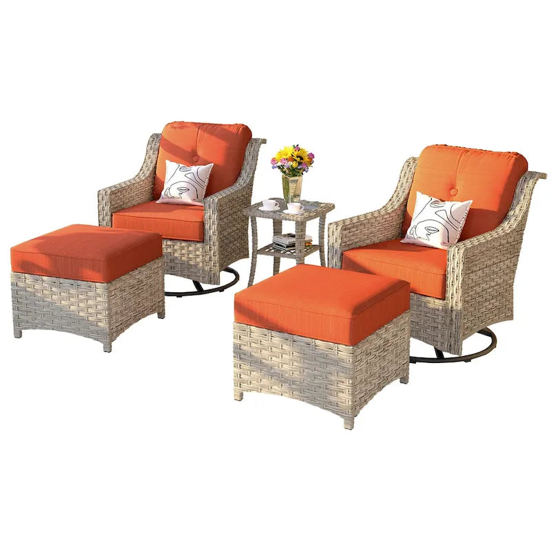 Set di sedie girevoli curve in vimini OVIOS a 5 pezzi con pouf da esterno