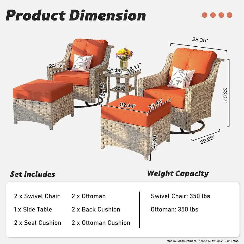 Set di sedie girevoli curve in vimini OVIOS a 5 pezzi con pouf da esterno