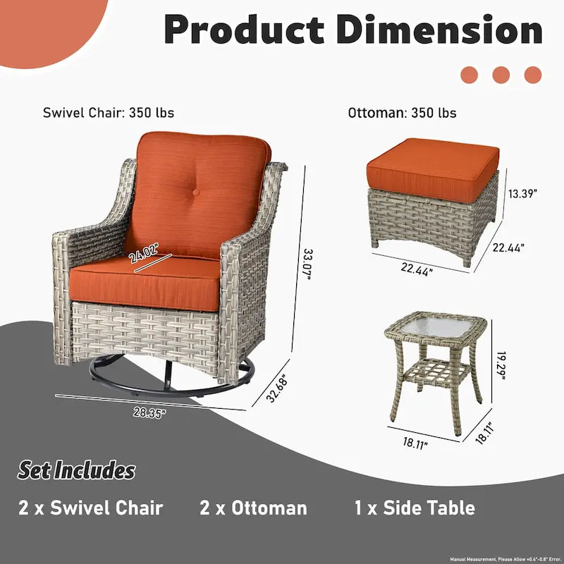 Set di sedie girevoli curve in vimini OVIOS a 5 pezzi con pouf da esterno