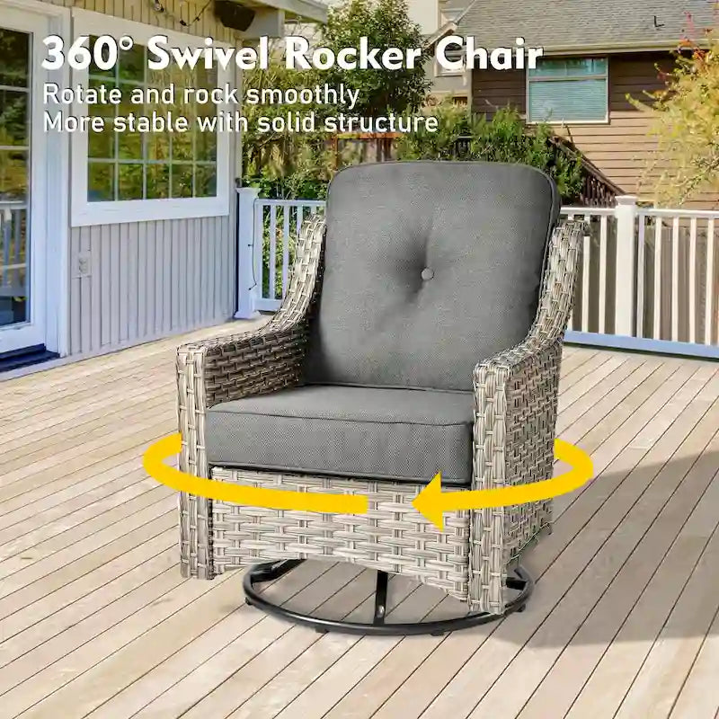 Set di sedie girevoli curve in vimini OVIOS a 5 pezzi con pouf da esterno
